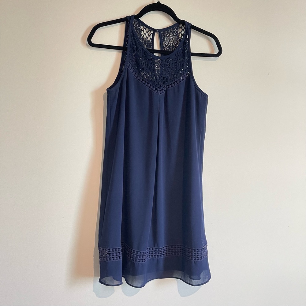 Women’s Navy High Neck Sleeveless Lace & Chiffon Shift Dress size M Knee Length